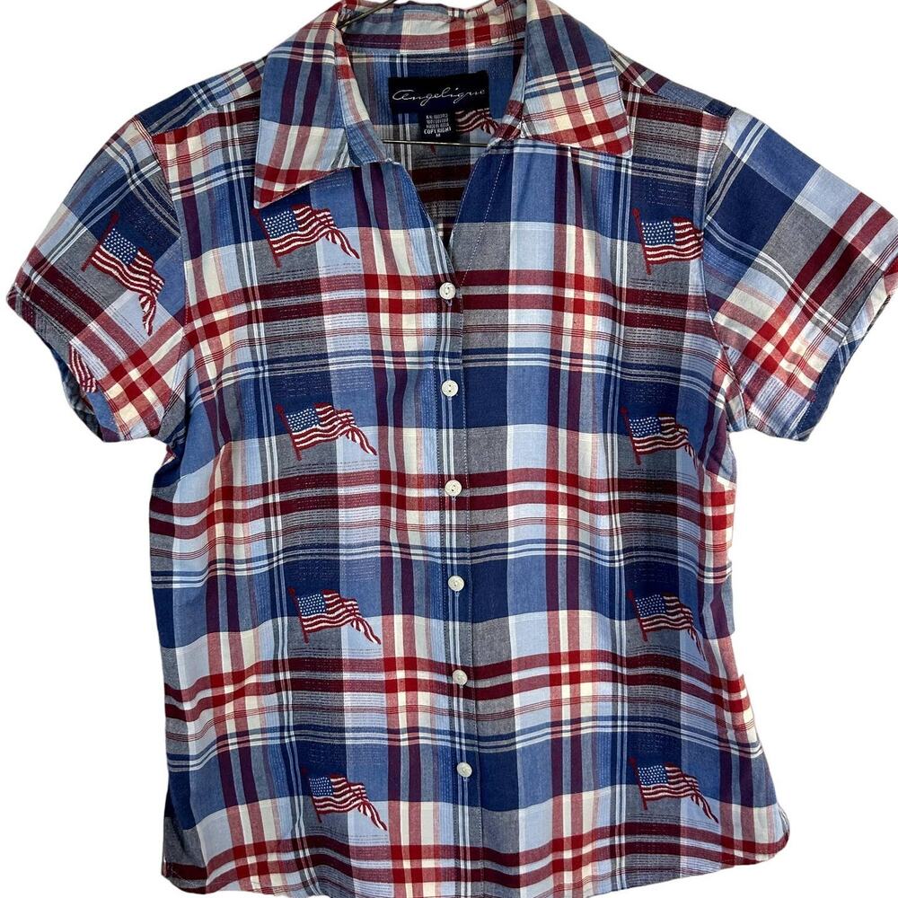 SKU 2019 Vintage Angelique Red White Blue Plaid USA Flag Short Sleeve Blouse M